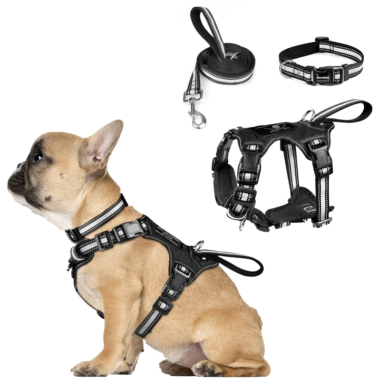 Casual WINSEE 3-in-1 Reflective Dog Harness Collar Leash Set – No-Pull Adjustable All Sizes Small Black Responsible