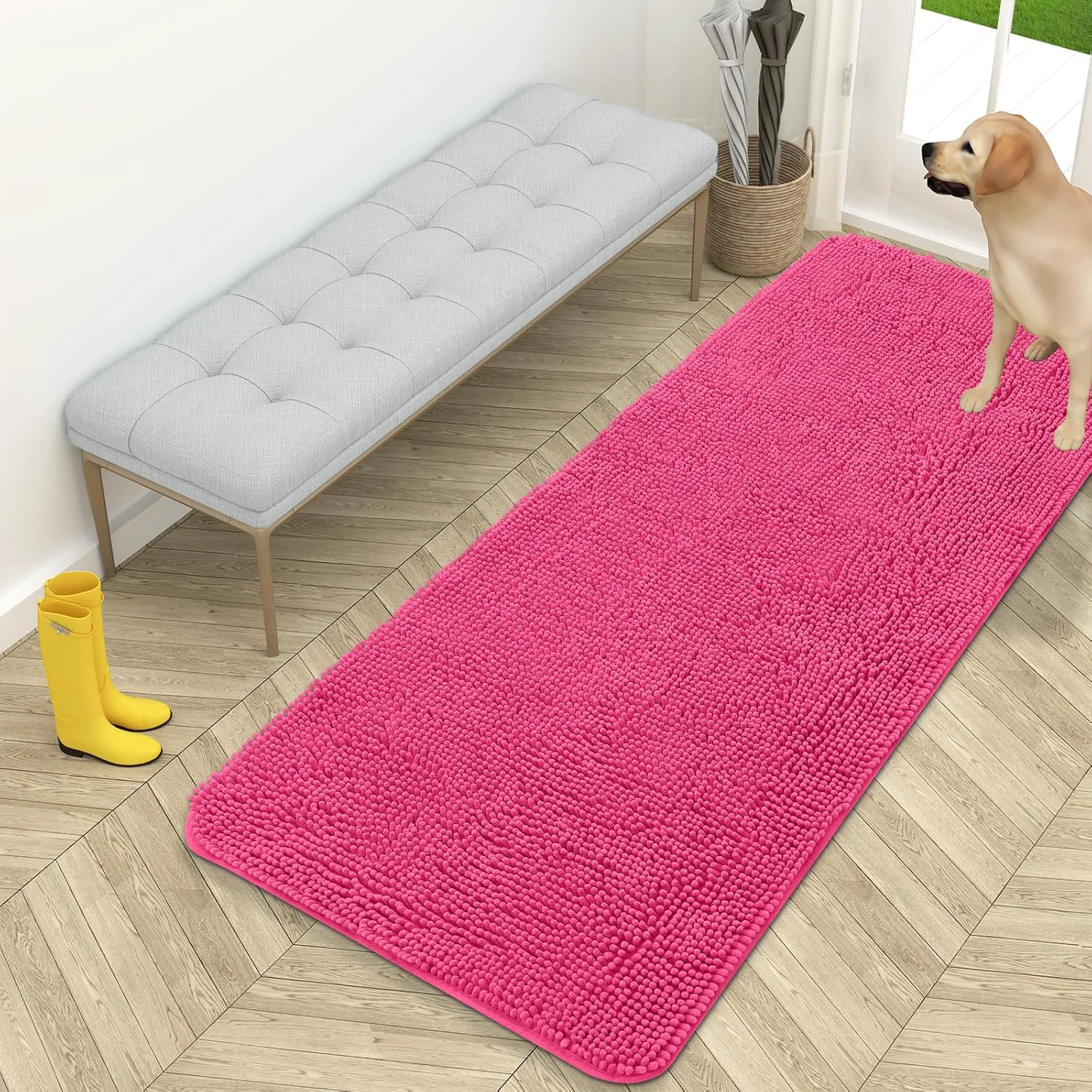 Superior OLANLY Dog Door Mat for Muddy Paws 59×24 Absorbs Moisture and Dirt Absorbent Non-Slip Washable Doormat Quick Dry Chenille Mud Mat for Dogs Entry Indoor Entryway Carpet for Inside Floor Hot Pink Relaxed