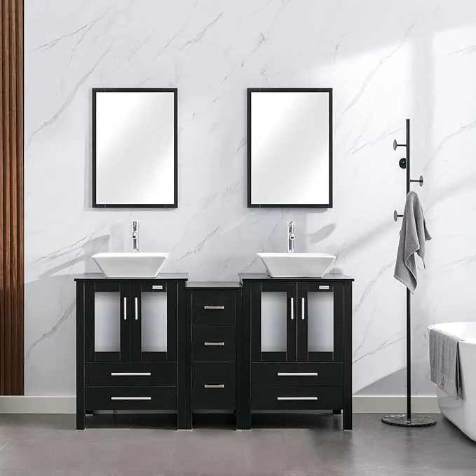 Organic eclife 60 Modern Bathroom Vanity Sink Combo standing Cabinet with Small Side Cabinet White Square Ceramic Vessel Sink Water Save Faucet Drain Black A07 About ThisOverview User-Friendly