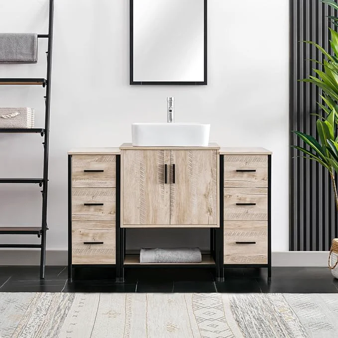Breathable eclife 48 Bathroom Vanity Sink Combo Modern Metal Stand Cabinet W Bottom Shelf Storage Side Cabinets White Rectangle Vessel Sink Water Save Faucet Pop Up Drain Oak T03 About ThisOverview Natural