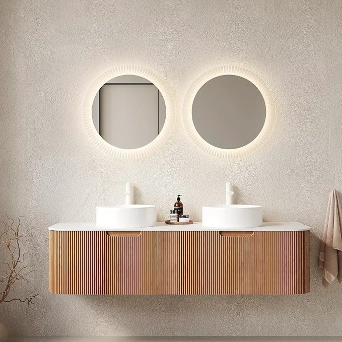 Reusable KEIKI 60 Wall-Mounted Floating Vanity Modern Bathroom Vanity with Sinks and 3D Striped Drawer Fronts 2 White Ceramic Vessel Basins Pre-Assembled Storage Cabinet for Bathroom Natural WoodAbout ThisOverview Outstanding