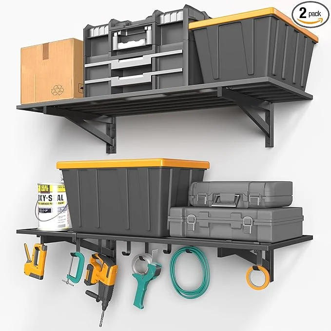 Modern 2-Pack 1.5x4ft Garage Shelving Wall Mounted 1.5′ x 4′ Heavy Duty Garage Storage Shelves with Hooks 400LB CapacityAbout ThisOverview Organic