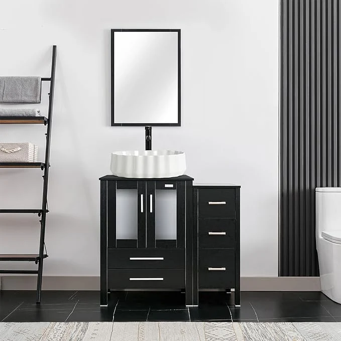 eclife 36 Modern Bathroom Vanity Sink Combo standing Cabinet with Small Side Cabinet White Shell Ceramic Vessel Sink Water Save Faucet Drain Black T54 About ThisOverview Exceptional