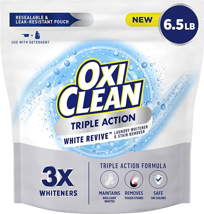 Fashionable OxiClean Triple Action White Revive Laundry Whitener and Stain Remover Powder Use with Detergent Whitens and Brightens Clothes Removes Tough Stains Color Safe Chlorine 6.5 lbsAbout ThisOverview High-Quality