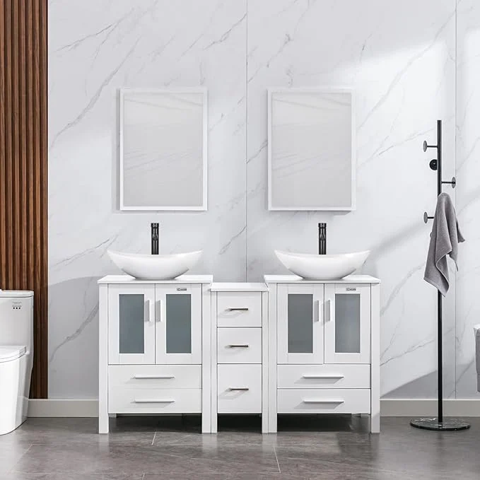 Natural eclife 60 Modern Bathroom Vanity Sink Combo standing Cabinet with Small Side Cabinet White Boat Ceramic Vessel Sink Water Save Faucet Drain White T44 About ThisOverview Refined