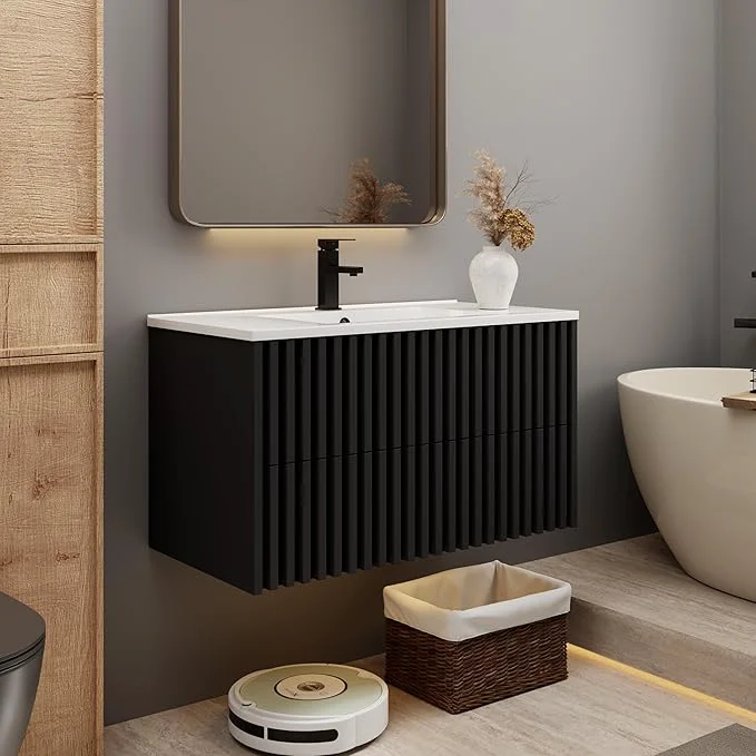 Dependable eclife 36 Floating Bathroom Vanity with Sink Combo Modern Wall Mounted Cabinet with 2 Fluted Drawers Undermount Sink Faucet Drain BlackAbout ThisOverview Fine
