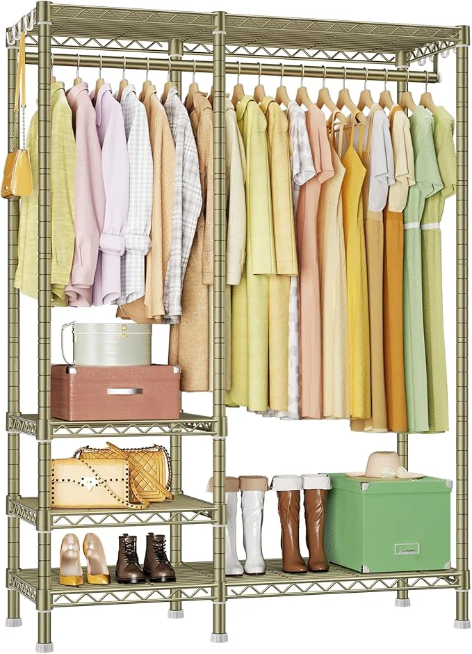 Secure Ulif F4 Heavy Duty Clothes Rack With Hanger Rod standing Clothing Racks for Hanging Clothes，Adjustable Closet Organizer System Portable Garment Rack 45 W x 15.8 D x 71.3 H Max Load 600LBS GoldAbout ThisOverview Selected