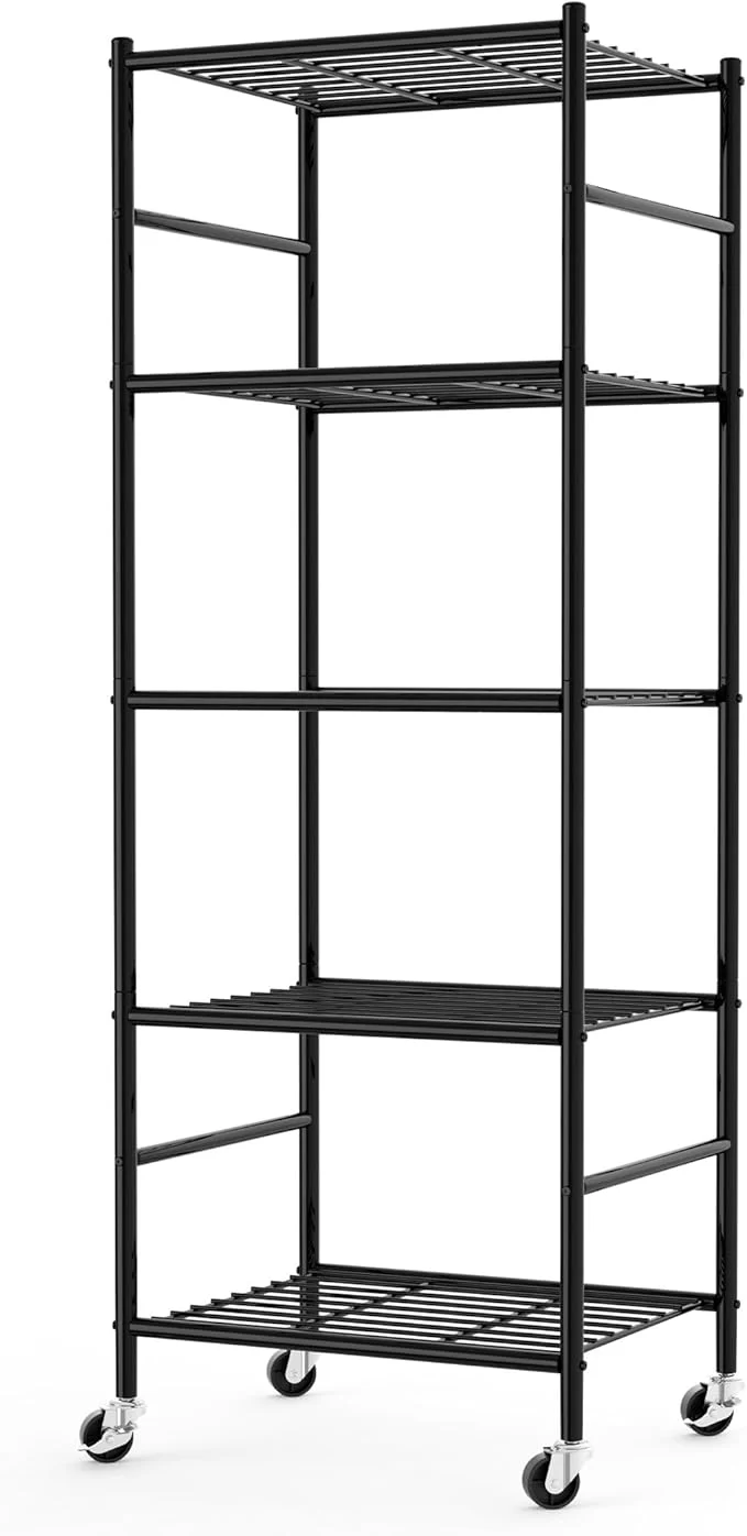 Detailed Storage Shelves Organizer – 5 Tier Metal Shelf Organizer with Metal Wheels and Adjustable Leveling Feet Heavy Duty Garage Shelving for Kitchen Pantry and Closet 18.1 x12.6 x58.7 BlackAbout ThisOverview Superior