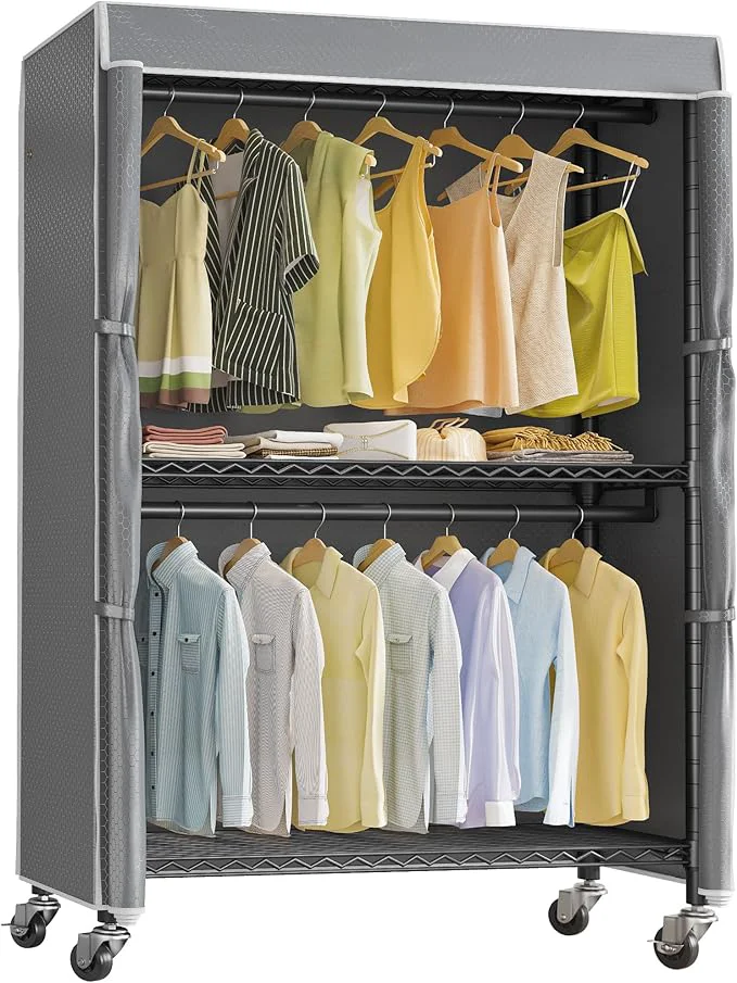 Long-Lasting VIPEK R2C Plus Heavy Duty Rolling Garment Rack with Cover Clothing Racks for Hanging Clothes Portable Closets with Adjustable 3 Wire Shelves Double Rods Black Rack with Grey Upgarded Polyester CoverAbout ThisOverview Unique