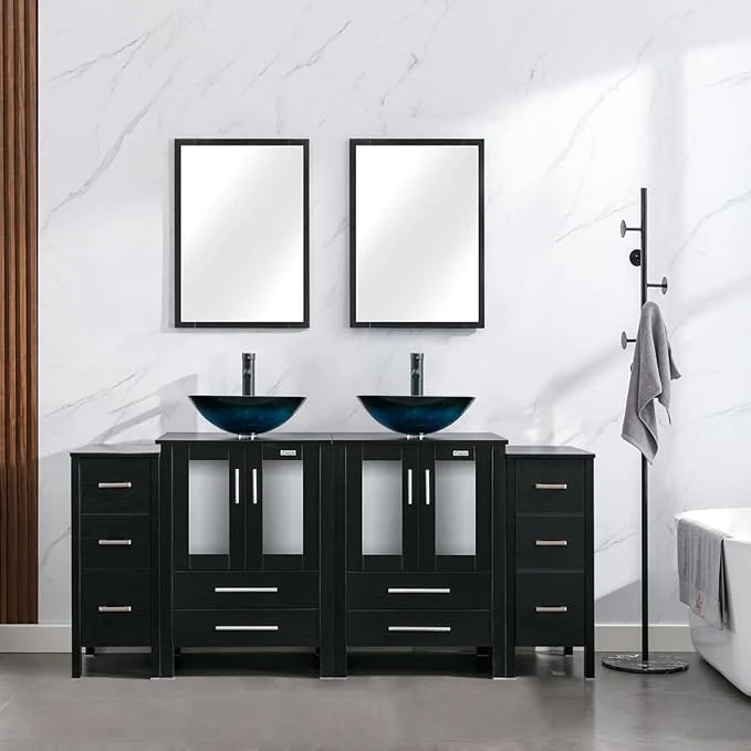 High-End eclife 72 Modern Bathroom Vanity Sink Combo standing Cabinet with Small Side Cabinet Turquoise Square Glass Vessel Sink Water Save Faucet Drain Black A10 About ThisOverview Reliable