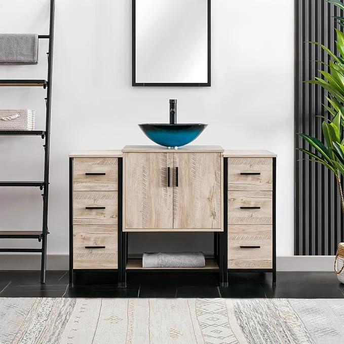 Convenient eclife 48 Bathroom Vanity Sink Combo Modern Metal Stand Cabinet W Bottom Shelf Storage Side Cabinets Turquoise Square Vessel Sink Water Save Faucet Pop Up Drain Oak A10 About ThisOverview Fashionable