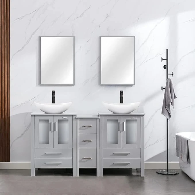 Casual eclife 60 Modern Bathroom Vanity Sink Combo standing Cabinet with Small Side Cabinet White Boat Ceramic Vessel Sink Water Save Faucet Drain Gray T44 About ThisOverview Proven