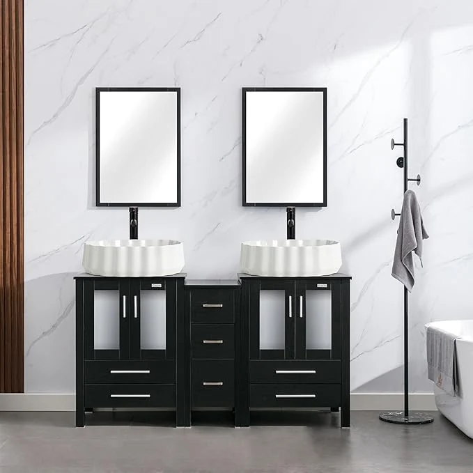 Efficient eclife 60 Modern Bathroom Vanity Sink Combo standing Cabinet with Small Side Cabinet White Shell Ceramic Vessel Sink Water Save Faucet Drain Black T54 About ThisOverview Functional
