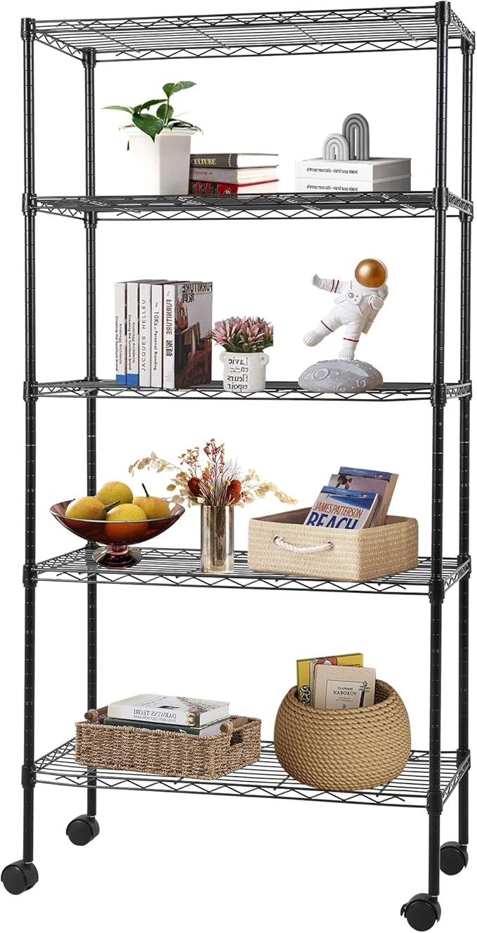 Luxury FDW Adjustable 5-Tier Metal Shelf with Wheels 250 lbs Capacity Easy Assembly I for Small SpacesAbout ThisOverview Soft