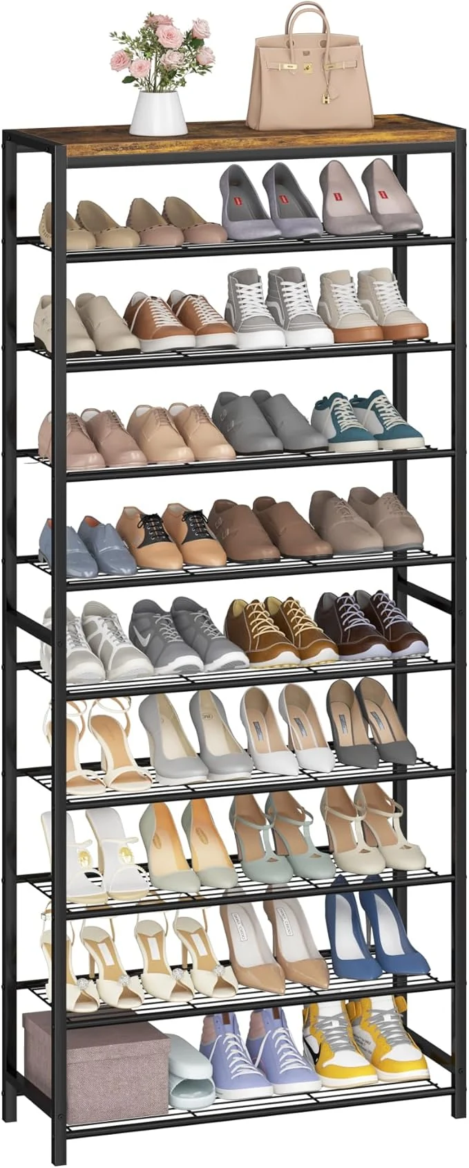 Efficient HOMEFORT 10 Tiers Shoe Rack Organizer 30 Shoe Storage Shelf for Closet Shoe Rack for Entryway Holds 36-40 Pairs of Shoe Tall Shoe Stand with Metal Shelves and MDF Top Board Rustic BrownAbout ThisOverview Premium