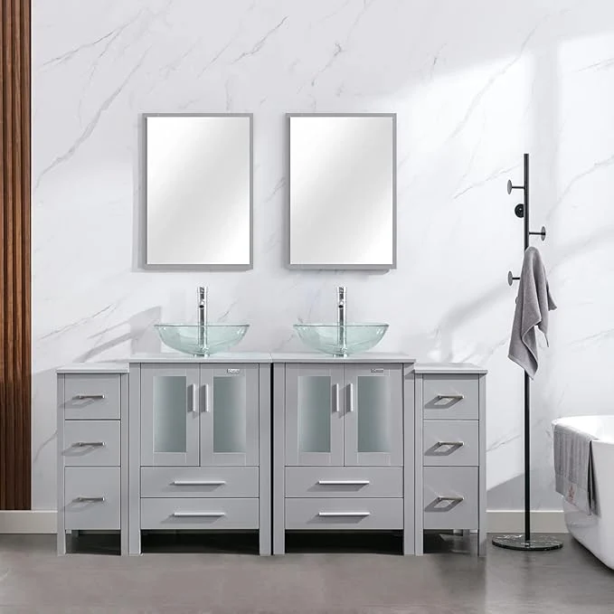 Original eclife 72 Modern Bathroom Vanity Sink Combo standing Cabinet with Small Side Cabinet Clear Round Glass Vessel Sink Water Save Faucet Drain Gray A16 About ThisOverview Sophisticated