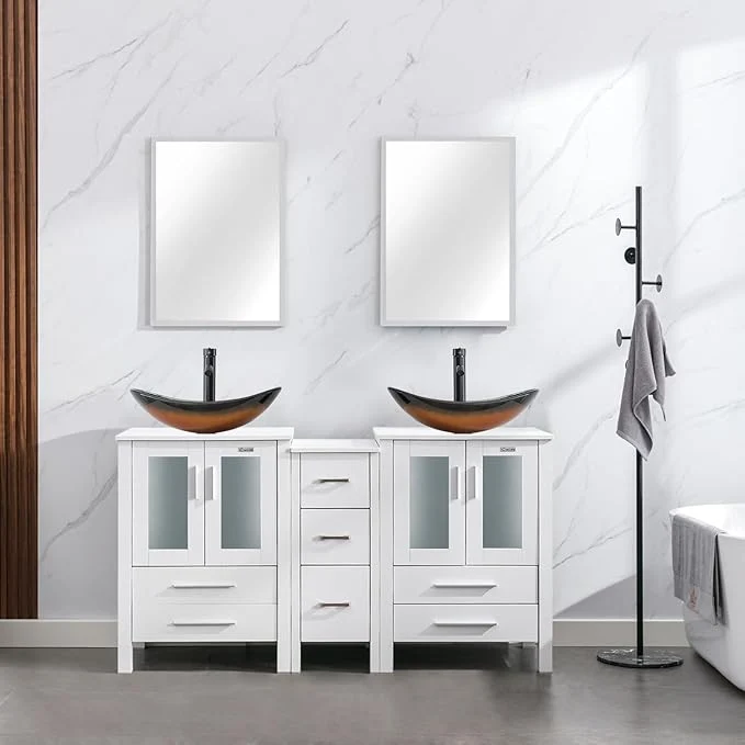 Stylish eclife 60 Modern Bathroom Vanity Sink Combo standing Cabinet with Small Side Cabinet Brown Boat Glass Vessel Sink Water Save Faucet Drain White A29BR About ThisOverview Smart