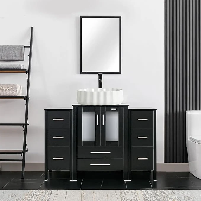 High-End eclife 48 Modern Bathroom Vanity Sink Combo standing Cabinet with Small Side Cabinet White Shell Ceramic Vessel Sink Water Save Faucet Drain Black T54 About ThisOverview