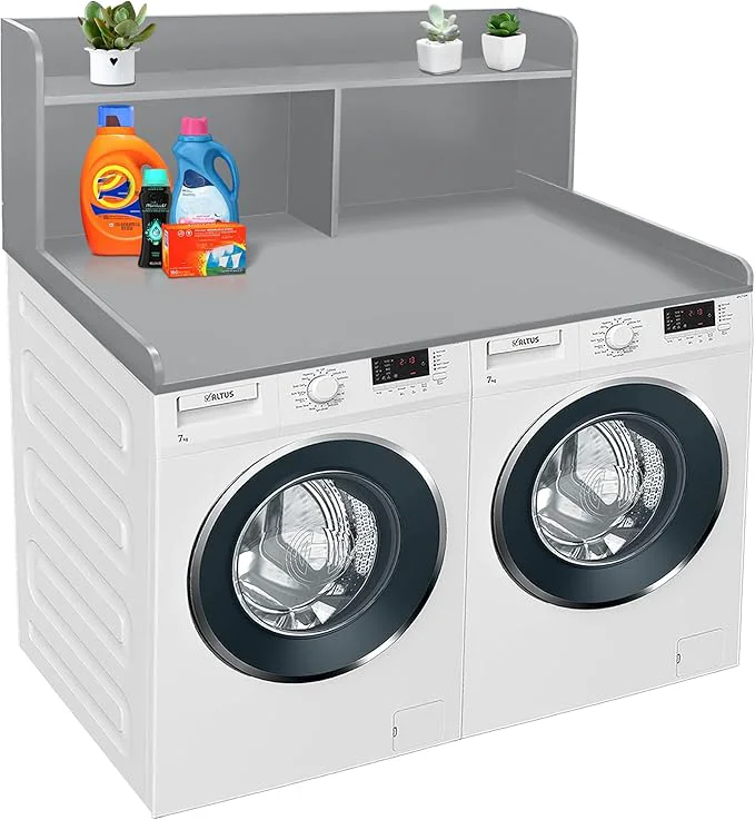 Sustainable Royxen 2-Tier Washer Dryer Countertop 19.5 H Wood Washer and Dryer Topper with Storage Shelf Laundry Countertop Over Washer Machine Universal Fit for Laundry Room Organization Grey 54 W X 27.5 D About ThisOverview Dependable