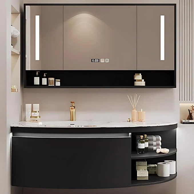 Functional 42IN Floating Bathroom Vanity Wall Mounted Wood Sink Cabinet with Smart Sensor LED Light Strip Open Style Side Cabinet LED Lights Defogging Function Single Sink Vanities Set Black About ThisOverview Secure