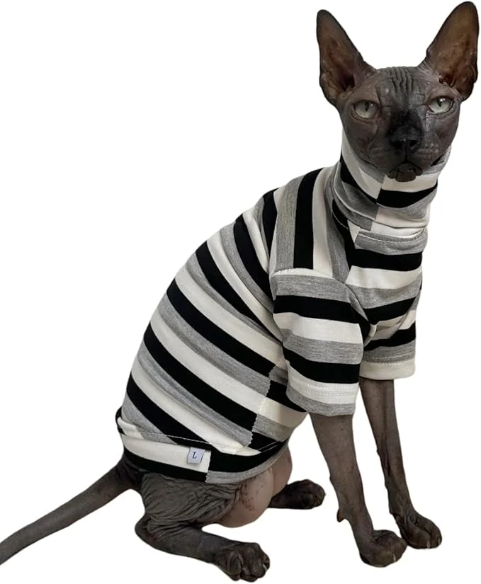 Solid Vintage Stripes Sphynx Hairless Cats Shirt Cotton Cat Turtleneck Pet Clothes Elegant