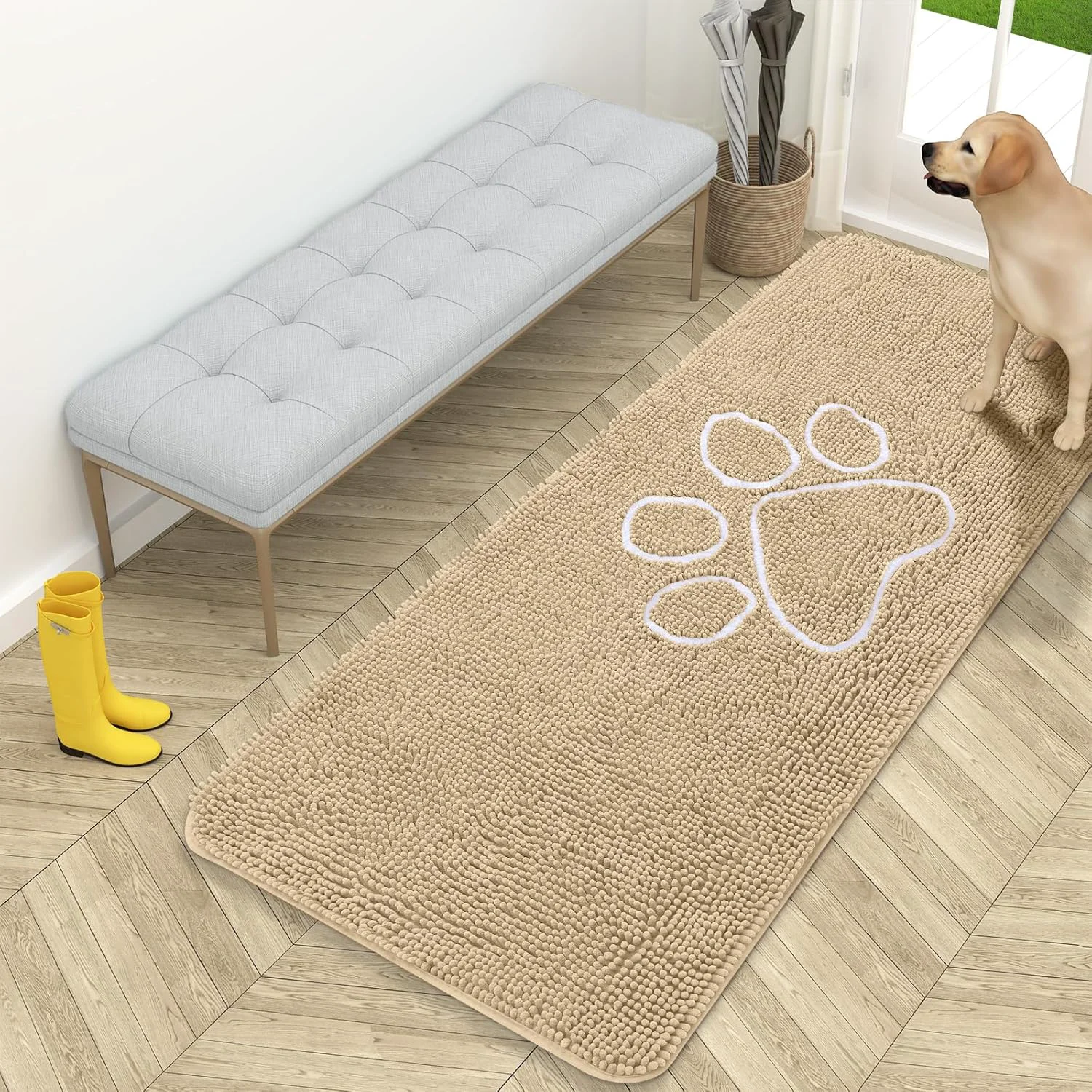 Effective OLANLY Door Mat for Muddy Dog Paws 59×24 Ultra Absorbent Chenille Mud Doormat with Paw Print Design Non-Slip Washable Doormat for Indoor Entryway Quick-Dry Pet Bed Mats for Dirty Dogs Beige Expertly Made