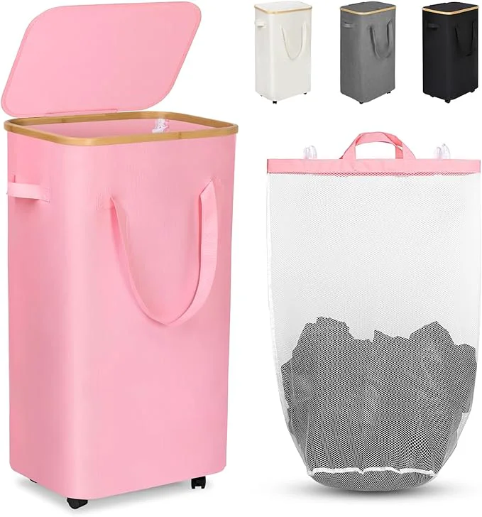 Carefully Designed WELTRXE Laundry Hamper on Wheels 110L Large Clothes Basket with Lid and Extended Handles Foldable Laundry Hamper for Bedroom Bathroom Dorm Laundry Room Pink Rolling Laundry Basket with Wash BagAbout ThisOverview Efficient