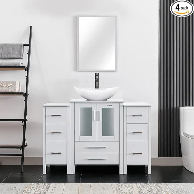Minimalist eclife 48 Modern Bathroom Vanity Sink Combo standing Cabinet with Small Side Cabinet White Boat Ceramic Vessel Sink Water Save Faucet Drain White T44 About ThisOverview Prestigious