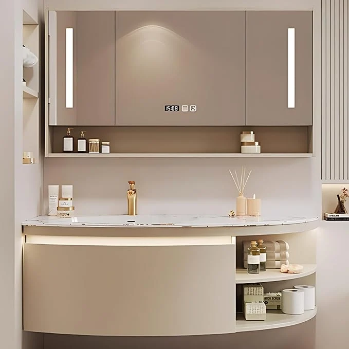 Fast 54IN Floating Bathroom Vanity Wall Mounted Wood Sink Cabinet with Smart Sensor LED Light Strip Open Style Side Cabinet LED Lights Defogging Function Single Sink Vanities Set Beige About ThisOverview Detailed