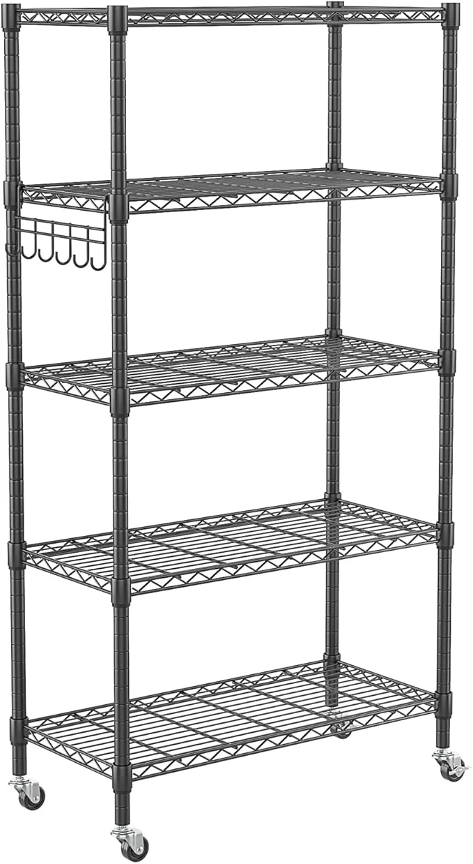 Excellent Homdox 5 Tier Metal Storage Shelves with Wheels Heavy Duty Wire Shelving Unit Adjustable Storage Racks with Side Hooks for Bathroom Kitchen Garage Pantry Organization BlackAbout ThisOverview Environmentally Friendly