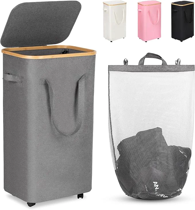 Practical WELTRXE Gray Laundry Hamper with Lid and Wheels 110L Large Rolling Laundry Basket with Extended Handles Foldable Dirty Clothes Hamper Wheeled Narrow Corner Clothes Bins for Bedroom Dorm Laundry RoomAbout ThisOverview Official