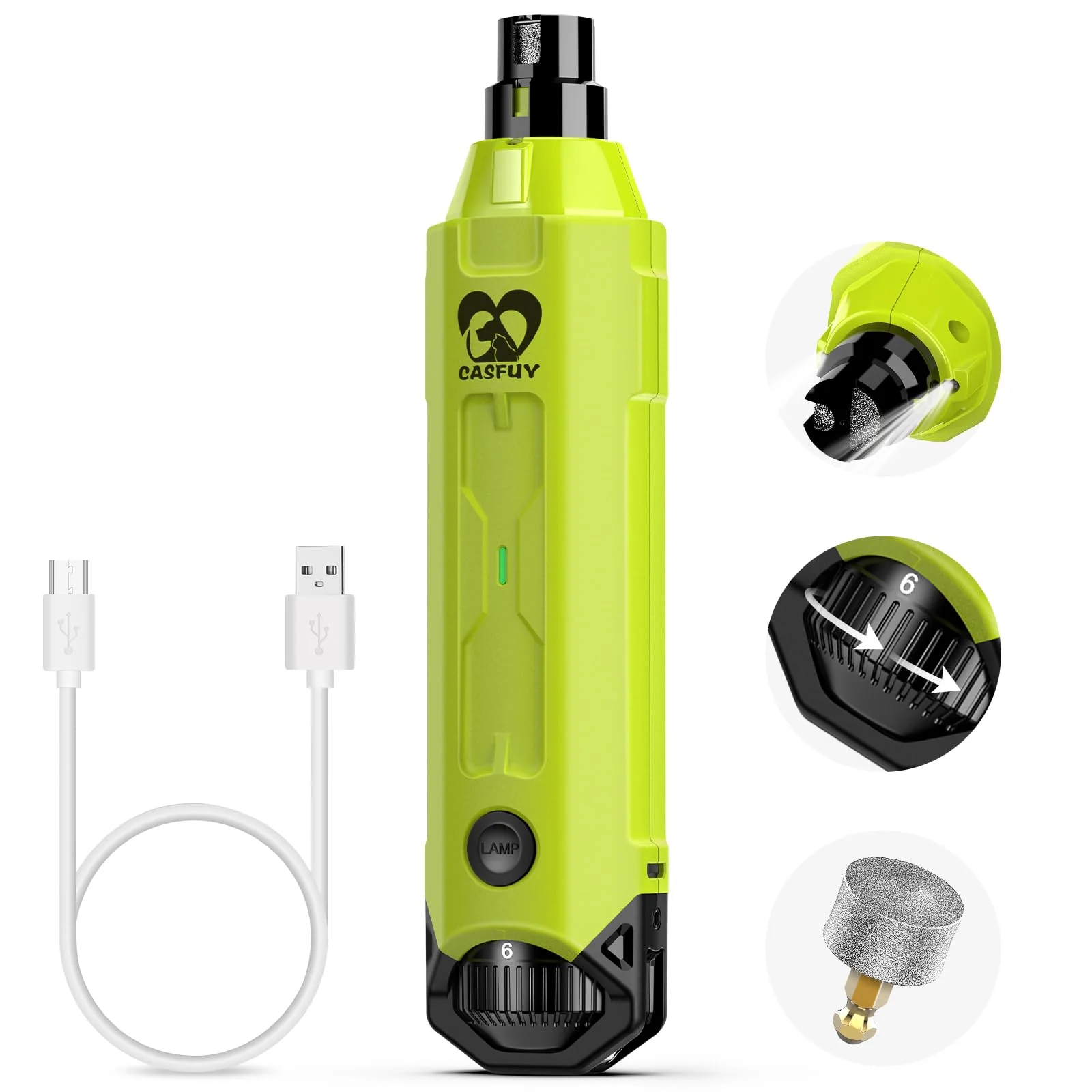 Smooth Casfuy 6-Speed Dog Nail Grinder – Quiet Rechargeable 7000–12000 RPM Green Healthy
