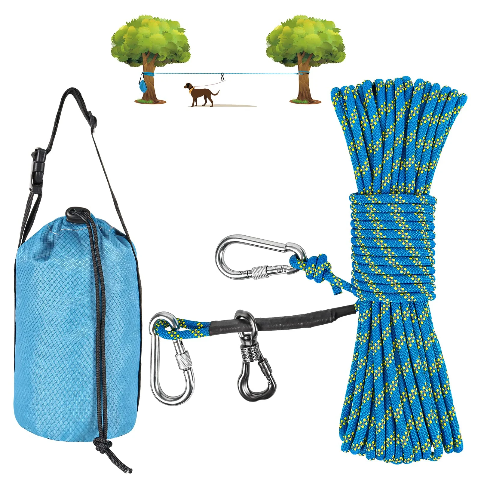 Dependable XiaZ 50ft Dog Tie Out Cable – Overhead Trolley for Camping up to 200lbs 5-Min Setup Blue Excellent