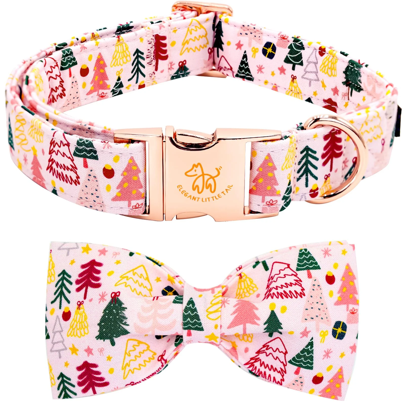 Enhanced Elegant Little Tail Christmas Dog Collar with Pink Bow – Cotton Adjustable XL Healthy