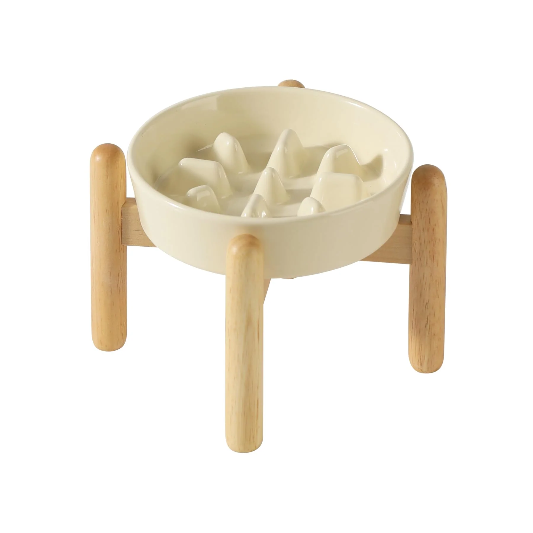Luxury Havniva Ceramic Raised Slow Feeder for Small Dogs – 0.9 Cup with Wooden Stand Beige Functional