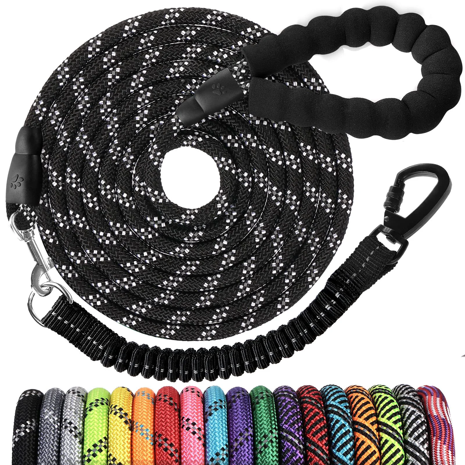 Specialty Jenico Long Dog Leash 30 FT – Heavy Duty Rope Lead with Reflective Bungee Padded Handle 360° Swivel Hook Modern