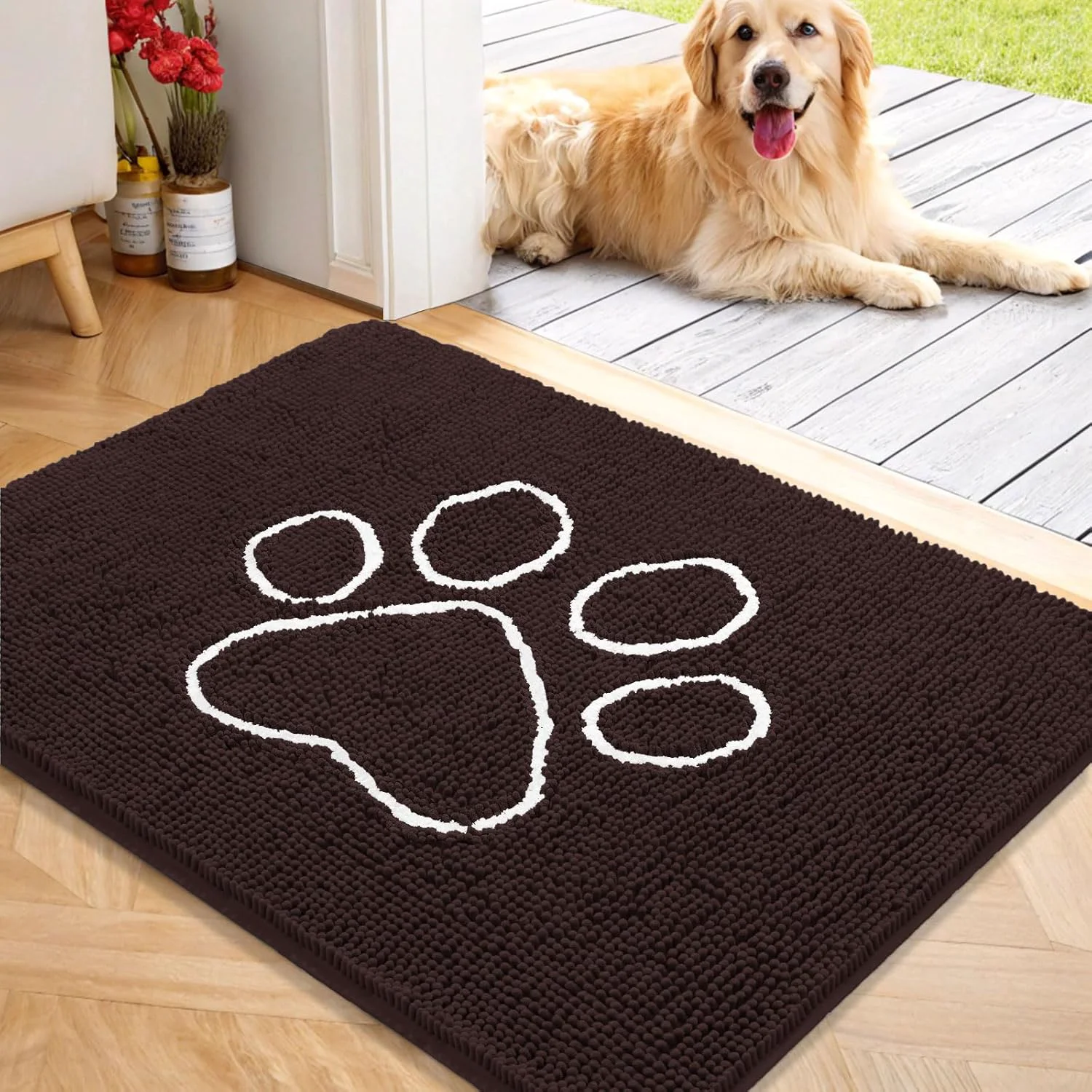 Convenient OLANLY Door Mat for Muddy Dog Paws 40×32 Ultra Absorbent Chenille Mud Doormat with Paw Print Design Non-Slip Washable Doormat for Indoor Entryway Quick-Dry Pet Bed Mats for Dirty Dogs Brown High-Grade