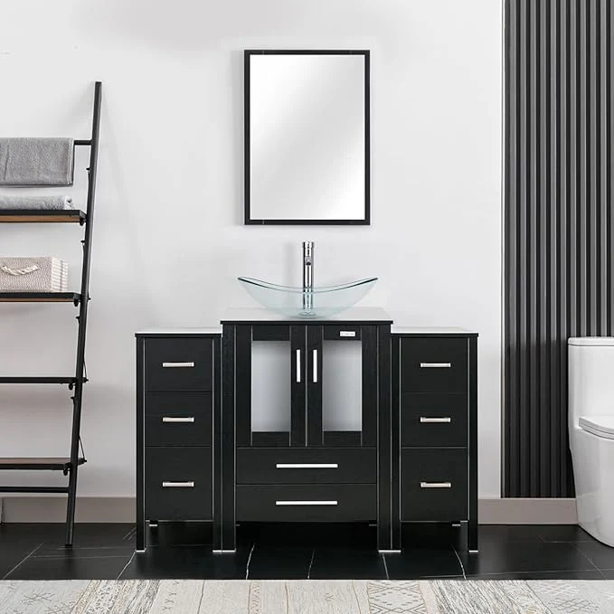 Convenient eclife 48 Modern Bathroom Vanity Sink Combo standing Cabinet with Small Side Cabinet Clear Boat Glass Vessel Sink Water Save Faucet Drain Black A29TT About ThisOverview Premium Material