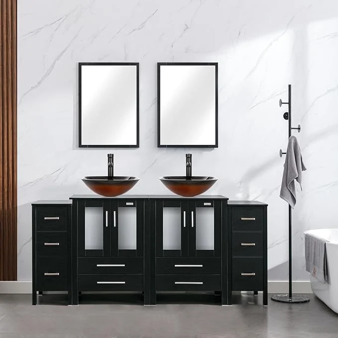 Outstanding eclife 72 Modern Bathroom Vanity Sink Combo standing Cabinet with Small Side Cabinet Brown Square Glass Vessel Sink Water Save Faucet Drain Black A48 About ThisOverview Exceptional