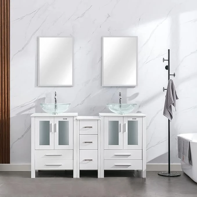 Refined eclife 60 Modern Bathroom Vanity Sink Combo standing Cabinet with Small Side Cabinet Clear Round Glass Vessel Sink Water Save Faucet Drain White A16 About ThisOverview Trendy