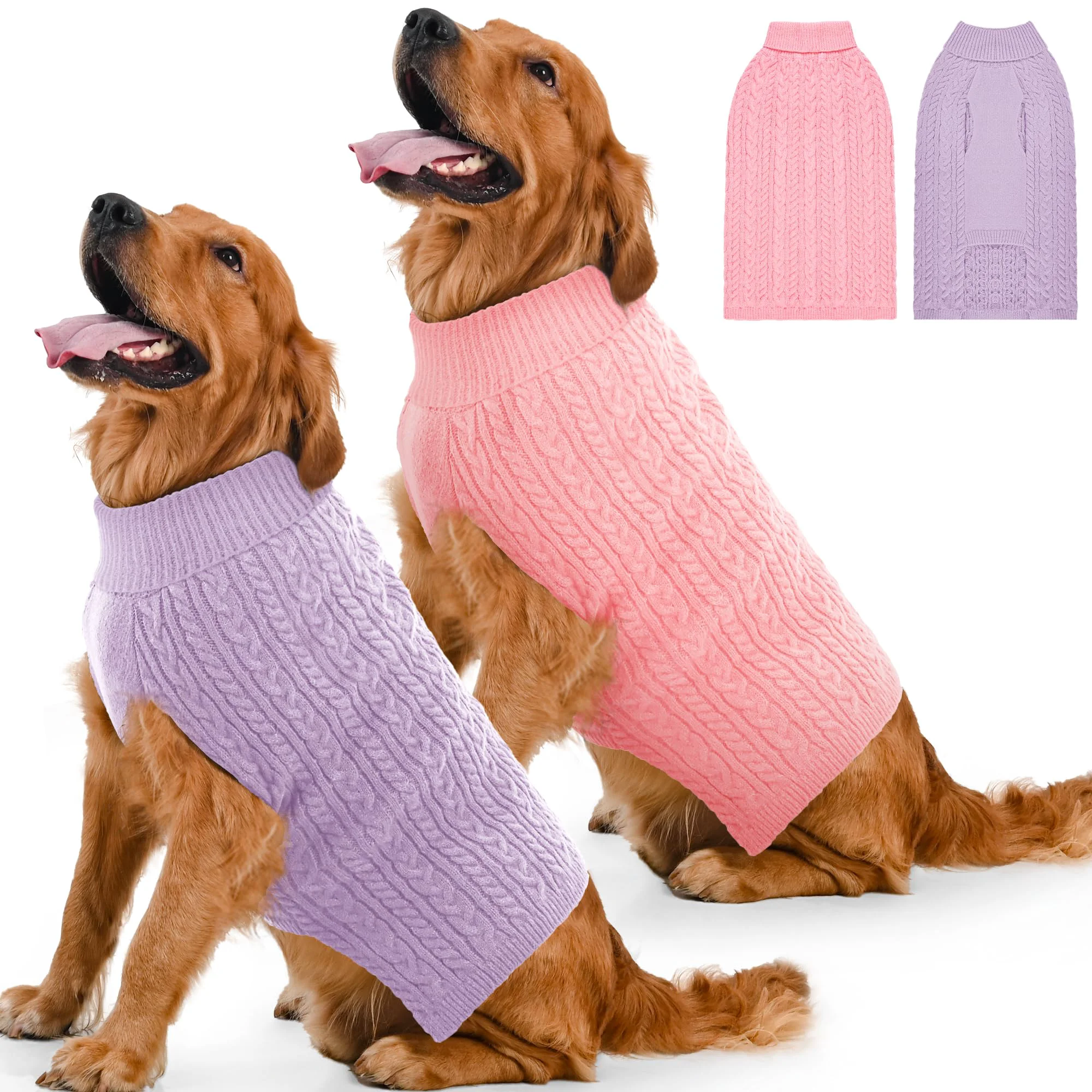 Authentic Lorehelina 2-Pack Dog Sweaters for Large Breeds Winter Turtleneck Cable Knit XL Pink Purple Powerful