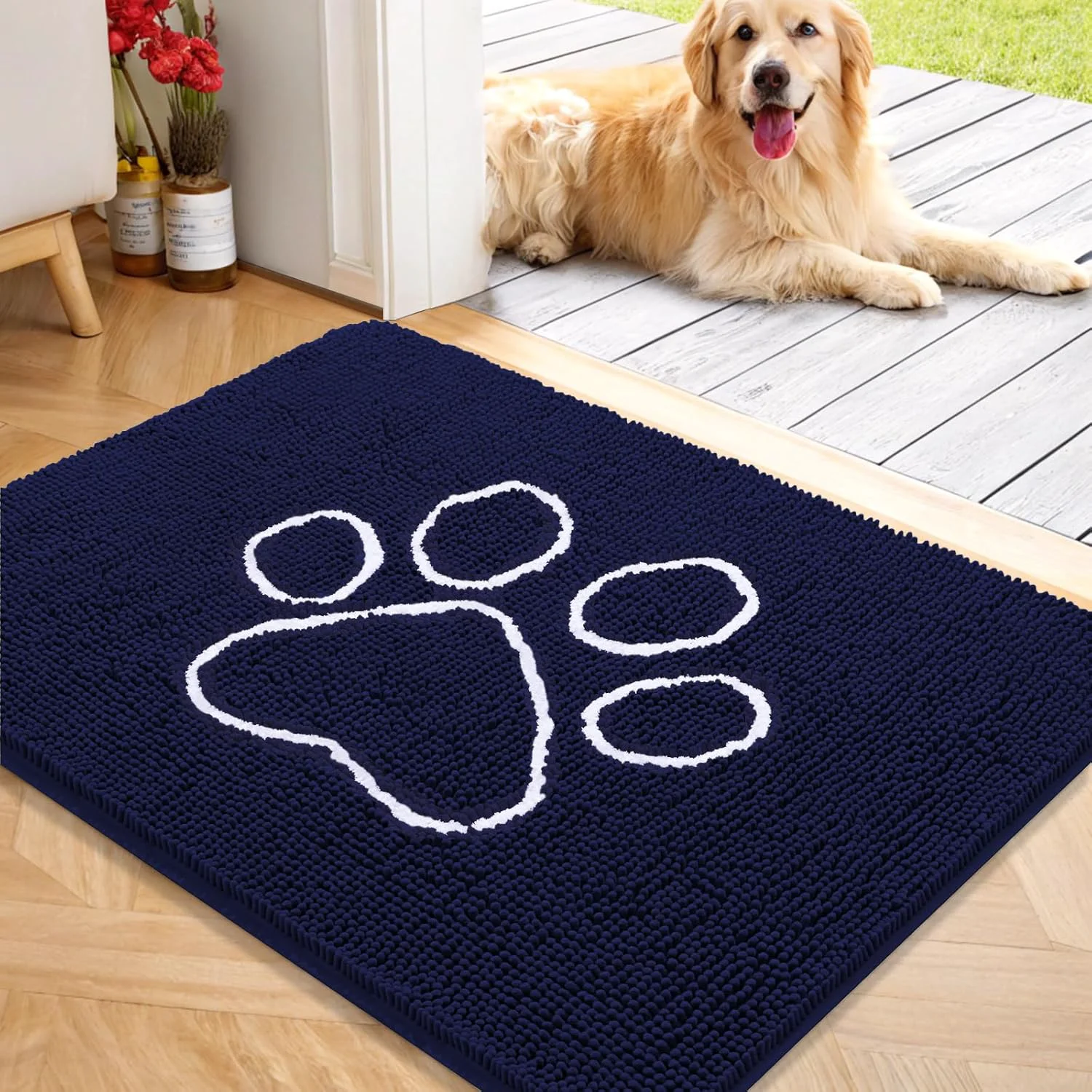 High-Grade OLANLY Door Mat for Muddy Dog Paws 40×32 Ultra Absorbent Chenille Mud Doormat with Paw Print Design Non-Slip Washable Doormat for Indoor Entryway Quick-Dry Pet Bed Mats for Dirty Dogs Navy Blue Fashionable