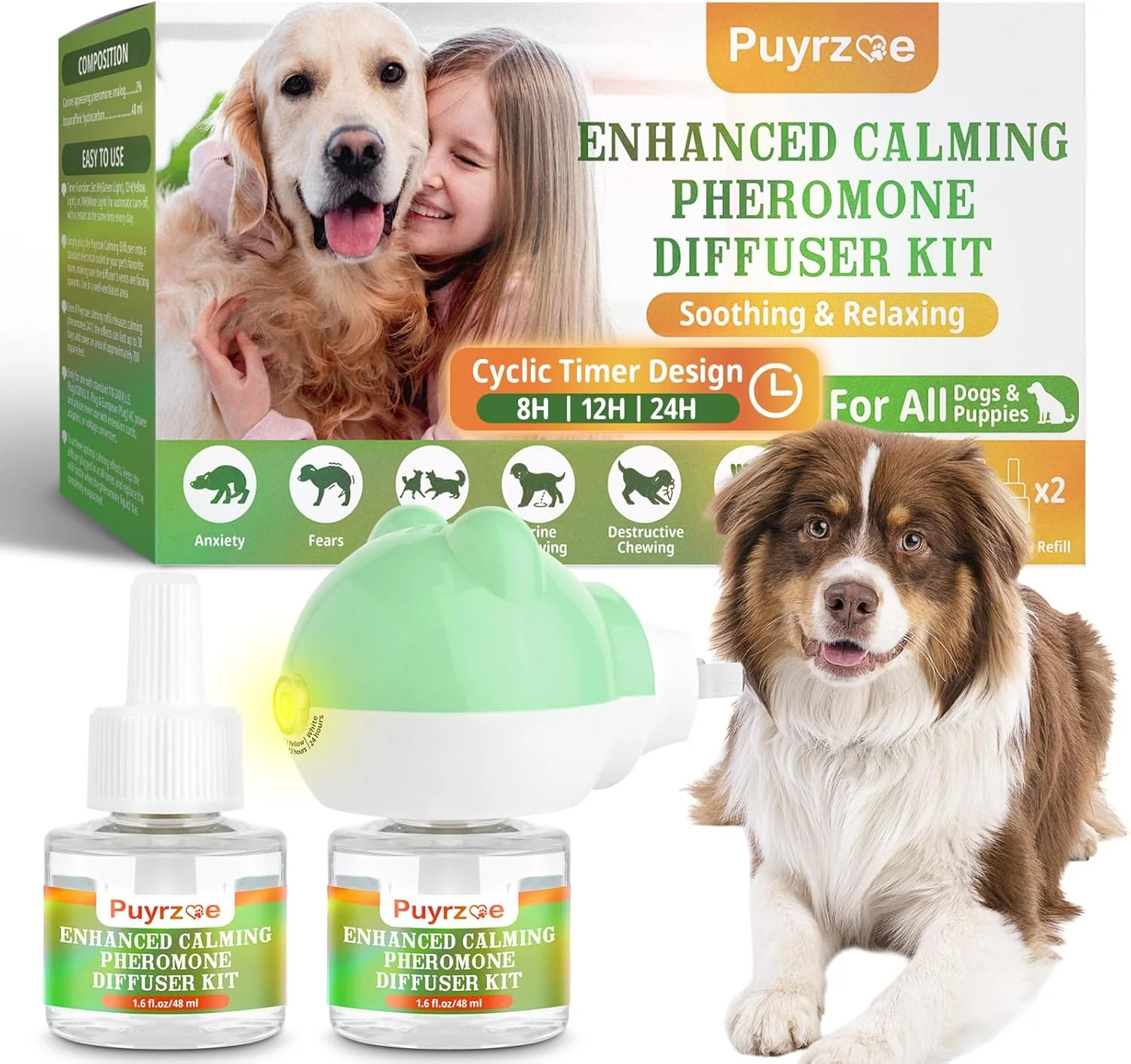 Comfortable Dog Calming Diffuser with 3 Timing Functions 3-in-1 Dog Anxiety Relief Diffuser Kit 120-Day Anxiety Relief Stress Relaxation Pheromones Calming for All Dogs 1 Diffusers 2 Refills Fast