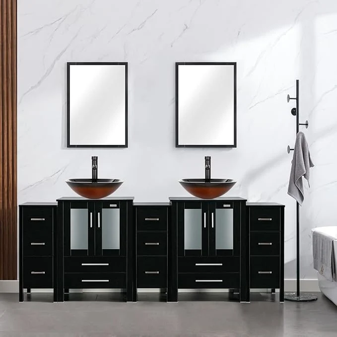 Excellent eclife 84 Modern Bathroom Vanity Sink Combo standing Cabinet with Small Side Cabinet Brown Square Glass Vessel Sink Water Save Faucet Drain Black A48 About ThisOverview Artisan