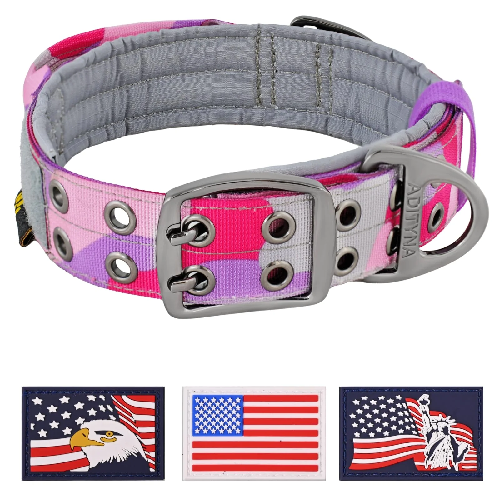 Recyclable ADITYNA Heavy Duty Dog Collar for Medium Dogs – Pink Purple Camo with Handle 1.5 in Wide Neoprene-Padded Official