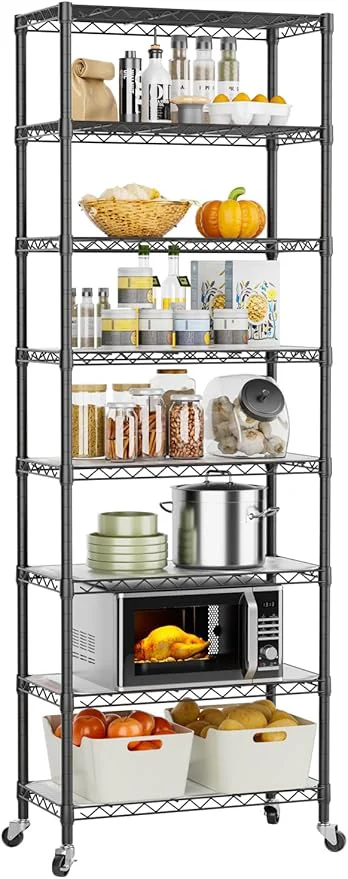 Selected 8 Tier Shelves Storage Shelf Wire Closet Bathroom Organizers Metal Pantry Kitchen Garage Shelving Unit Laundry Room Organization Home Rack Net Basket Black with Wheels 12 D X 22 W X 74.2 HAbout ThisOverview Detailed