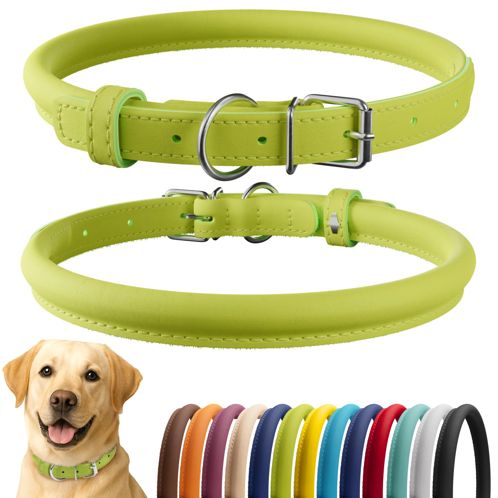 Advanced CollarDirect Rolled Leather Dog Collar – Soft Padded 15–19 in Lime Green Smooth 13 Colors Natural