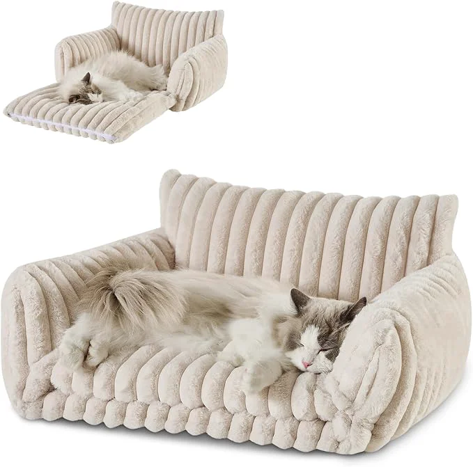 Advanced Hollypet Cat Bed Fluffy Plush Mutifuctional Double-Layer Soft Pet Couch Modern