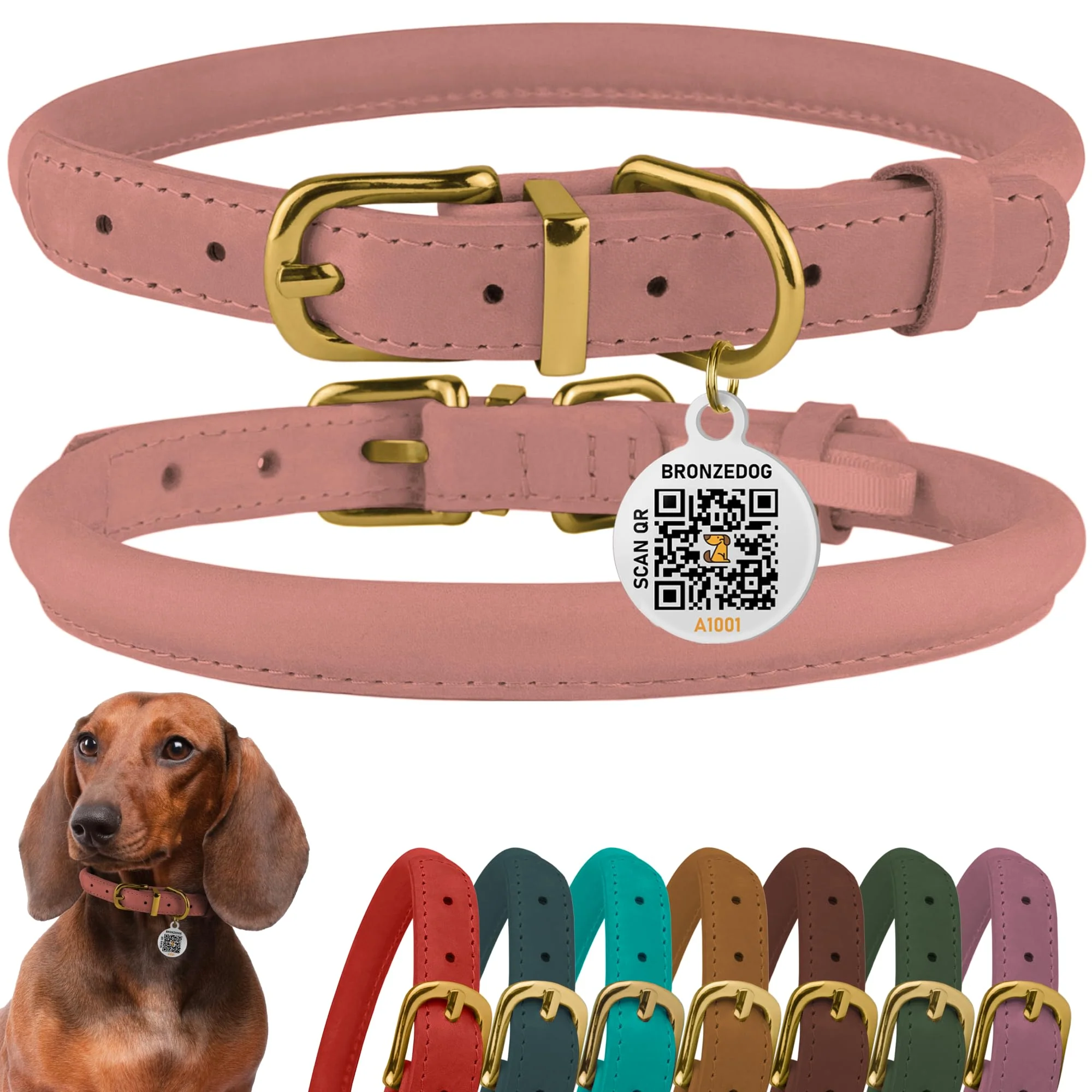 Safe BronzeDog Rolled Leather Collar with QR ID Tag – Adjustable 16-19 Inch Neck Blush Comfortable