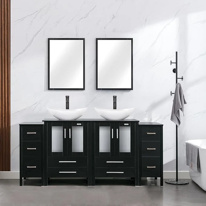 Natural eclife 72 Modern Bathroom Vanity Sink Combo standing Cabinet with Small Side Cabinet White Boat Ceramic Vessel Sink Water Save Faucet Drain Black T44 About ThisOverview Authentic